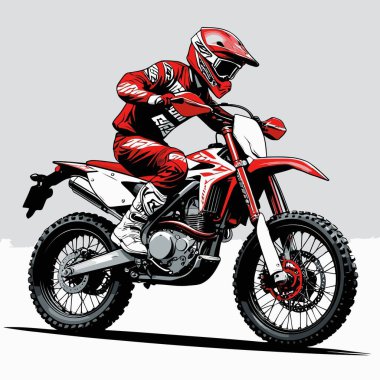 Eşsiz ve havalı bir motokros vektör çizimi dinamik bir off-road motosikleti ve saldırgan bir pozda yakalanmış bir sürücü.