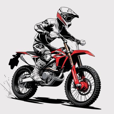 Eşsiz ve havalı bir motokros vektör çizimi dinamik bir off-road motosikleti ve saldırgan bir pozda yakalanmış bir sürücü.