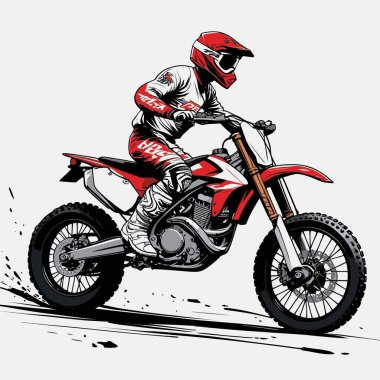Eşsiz ve havalı bir motokros vektör çizimi dinamik bir off-road motosikleti ve saldırgan bir pozda yakalanmış bir sürücü.