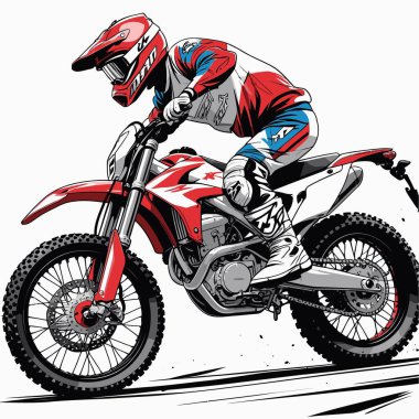 Eşsiz ve havalı bir motokros vektör çizimi dinamik bir off-road motosikleti ve saldırgan bir pozda yakalanmış bir sürücü.