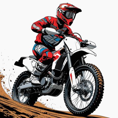 Eşsiz ve havalı bir motokros vektör çizimi dinamik bir off-road motosikleti ve saldırgan bir pozda yakalanmış bir sürücü.