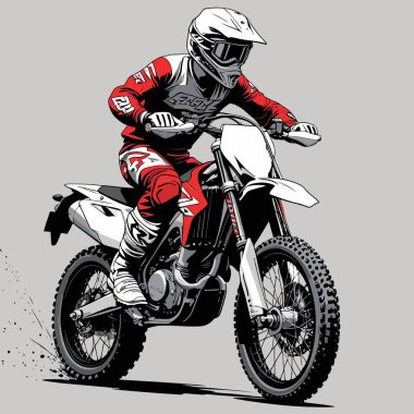 Eşsiz ve havalı bir motokros vektör çizimi dinamik bir off-road motosikleti ve saldırgan bir pozda yakalanmış bir sürücü.