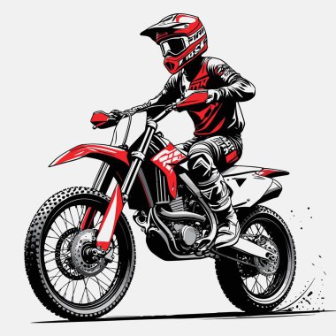 Eşsiz ve havalı bir motokros vektör çizimi dinamik bir off-road motosikleti ve saldırgan bir pozda yakalanmış bir sürücü.