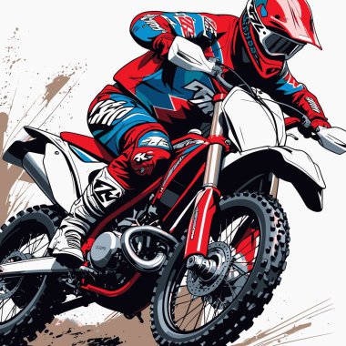 Eşsiz ve havalı bir motokros vektör çizimi dinamik bir off-road motosikleti ve saldırgan bir pozda yakalanmış bir sürücü.