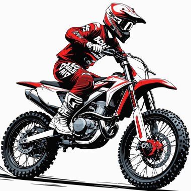 Eşsiz ve havalı bir motokros vektör çizimi dinamik bir off-road motosikleti ve saldırgan bir pozda yakalanmış bir sürücü.