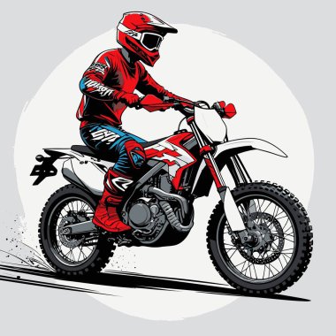 Eşsiz ve havalı bir motokros vektör çizimi dinamik bir off-road motosikleti ve saldırgan bir pozda yakalanmış bir sürücü.