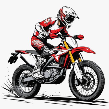 Eşsiz ve havalı bir motokros vektör çizimi dinamik bir off-road motosikleti ve saldırgan bir pozda yakalanmış bir sürücü.