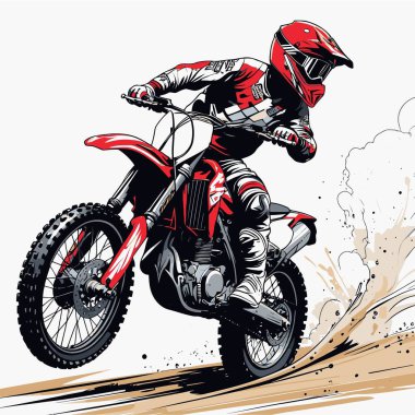 Eşsiz ve havalı bir motokros vektör çizimi dinamik bir off-road motosikleti ve saldırgan bir pozda yakalanmış bir sürücü.