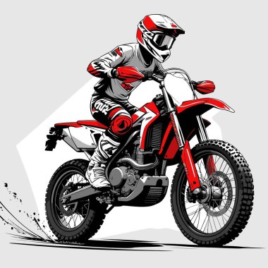 Eşsiz ve havalı bir motokros vektör çizimi dinamik bir off-road motosikleti ve saldırgan bir pozda yakalanmış bir sürücü.