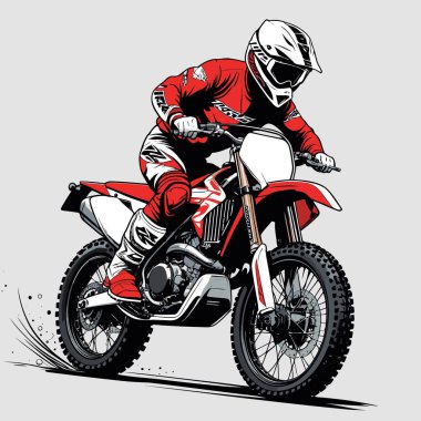 Eşsiz ve havalı bir motokros vektör çizimi dinamik bir off-road motosikleti ve saldırgan bir pozda yakalanmış bir sürücü.