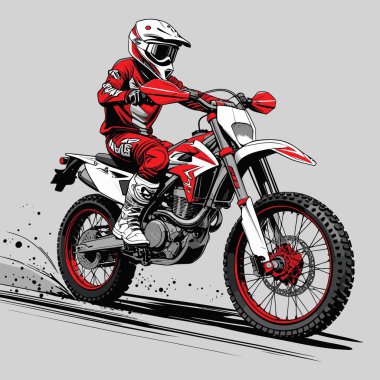 Eşsiz ve havalı bir motokros vektör çizimi dinamik bir off-road motosikleti ve saldırgan bir pozda yakalanmış bir sürücü.