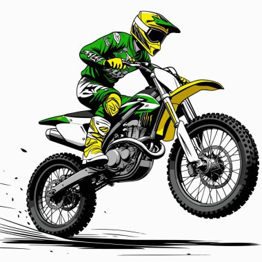 Eşsiz ve havalı bir motokros vektör çizimi dinamik bir off-road motosikleti ve saldırgan bir pozda yakalanmış bir sürücü.