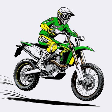 Eşsiz ve havalı bir motokros vektör çizimi dinamik bir off-road motosikleti ve saldırgan bir pozda yakalanmış bir sürücü.