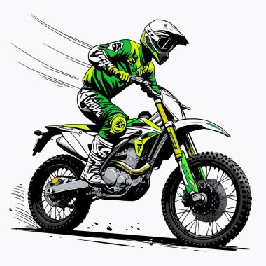 Eşsiz ve havalı bir motokros vektör çizimi dinamik bir off-road motosikleti ve saldırgan bir pozda yakalanmış bir sürücü.