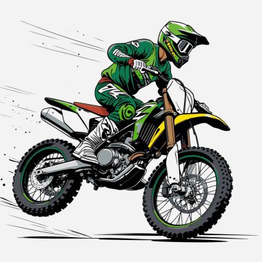 Eşsiz ve havalı bir motokros vektör çizimi dinamik bir off-road motosikleti ve saldırgan bir pozda yakalanmış bir sürücü.