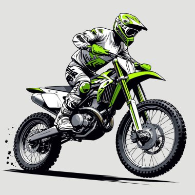 Eşsiz ve havalı bir motokros vektör çizimi dinamik bir off-road motosikleti ve saldırgan bir pozda yakalanmış bir sürücü.