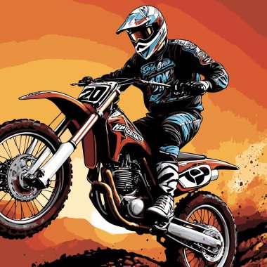 Eşsiz ve havalı bir motokros vektör çizimi dinamik bir off-road motosikleti ve saldırgan bir pozda yakalanmış bir sürücü.