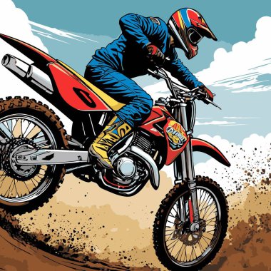 Eşsiz ve havalı bir motokros vektör çizimi dinamik bir off-road motosikleti ve saldırgan bir pozda yakalanmış bir sürücü.