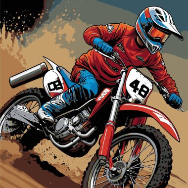 Eşsiz ve havalı bir motokros vektör çizimi dinamik bir off-road motosikleti ve saldırgan bir pozda yakalanmış bir sürücü.