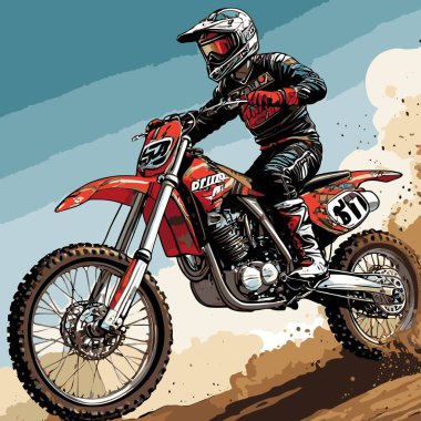 Eşsiz ve havalı bir motokros vektör çizimi dinamik bir off-road motosikleti ve saldırgan bir pozda yakalanmış bir sürücü.