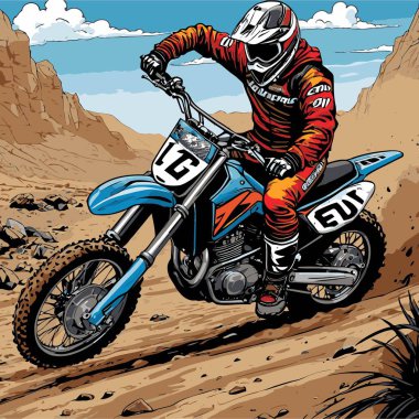 Eşsiz ve havalı bir motokros vektör çizimi dinamik bir off-road motosikleti ve saldırgan bir pozda yakalanmış bir sürücü.