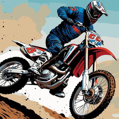 Eşsiz ve havalı bir motokros vektör çizimi dinamik bir off-road motosikleti ve saldırgan bir pozda yakalanmış bir sürücü.
