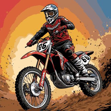 Eşsiz ve havalı bir motokros vektör çizimi dinamik bir off-road motosikleti ve saldırgan bir pozda yakalanmış bir sürücü.