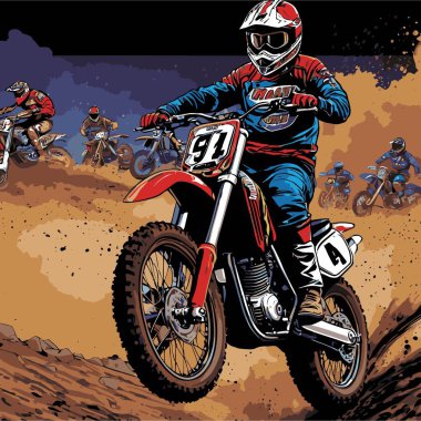 Eşsiz ve havalı bir motokros vektör çizimi dinamik bir off-road motosikleti ve saldırgan bir pozda yakalanmış bir sürücü.