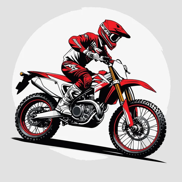 Eşsiz ve havalı bir motokros vektör çizimi dinamik bir off-road motosikleti ve saldırgan bir pozda yakalanmış bir sürücü.
