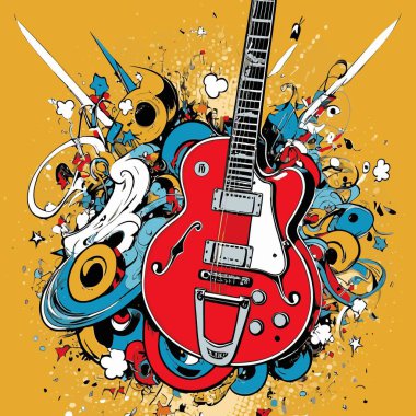 Güçlü bir görsel karaktere sahip şık ve göz alıcı bir tasarıma sahip eşsiz ve havalı bir gitar vektör sanatı çizimi