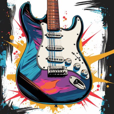 Güçlü bir görsel karaktere sahip şık ve göz alıcı bir tasarıma sahip eşsiz ve havalı bir gitar vektör sanatı çizimi