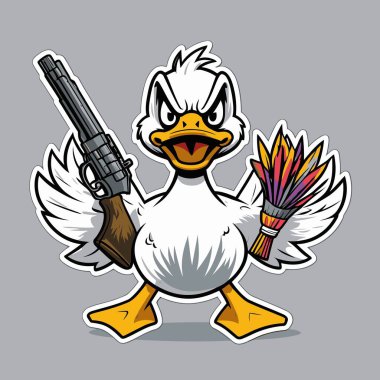 Yüzünde abartılı ifadeler olan cesur ve anlamlı bir karakter içeren kızgın bir ördek vektör çizimi.