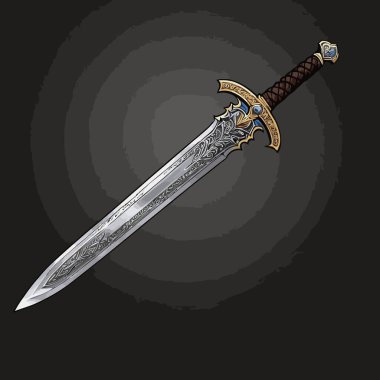 Cesur, dinamik ve göz alıcı bir tasarıma sahip cesur bir kılıcın çizgi film stili çizimi.