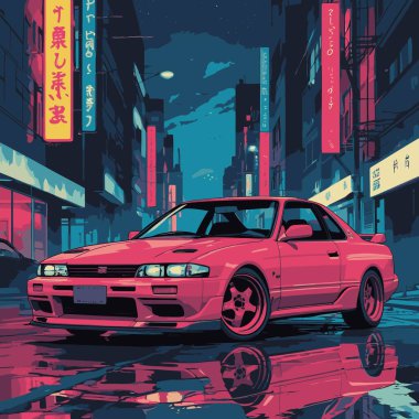 Gösterişli ve ikonik bir Japon İç Piyasa aracını içeren spor ve agresif görünümlü bir JDM araba çizimi