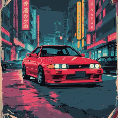 Gösterişli ve ikonik bir Japon İç Piyasa aracını içeren spor ve agresif görünümlü bir JDM araba çizimi