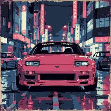 Gösterişli ve ikonik bir Japon İç Piyasa aracını içeren spor ve agresif görünümlü bir JDM araba çizimi