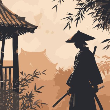 Bir Samuray Siluet Vektörü, cesur ve minimalist bir şekilde katı şekiller ve temiz kenarlar kullanan bir samurayın ikonik figürünü resmeder.