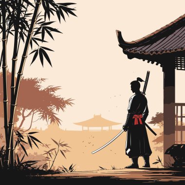Bir Samuray Siluet Vektörü, cesur ve minimalist bir şekilde katı şekiller ve temiz kenarlar kullanan bir samurayın ikonik figürünü resmeder.