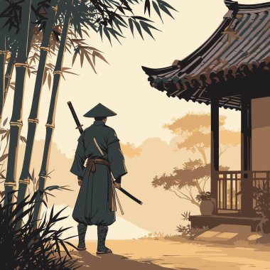 Bir Samuray Siluet Vektörü, cesur ve minimalist bir şekilde katı şekiller ve temiz kenarlar kullanan bir samurayın ikonik figürünü resmeder.