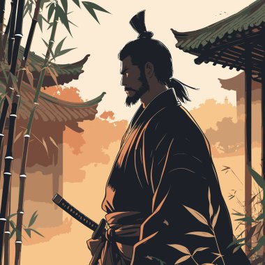 Bir Samuray Siluet Vektörü, cesur ve minimalist bir şekilde katı şekiller ve temiz kenarlar kullanan bir samurayın ikonik figürünü resmeder.