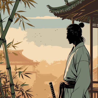 Bir Samuray Siluet Vektörü, cesur ve minimalist bir şekilde katı şekiller ve temiz kenarlar kullanan bir samurayın ikonik figürünü resmeder.