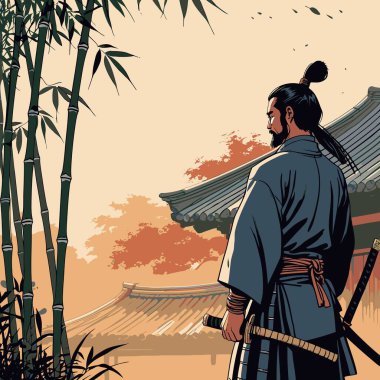 Bir Samuray Siluet Vektörü, cesur ve minimalist bir şekilde katı şekiller ve temiz kenarlar kullanan bir samurayın ikonik figürünü resmeder.