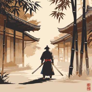 Bir Samuray Siluet Vektörü, cesur ve minimalist bir şekilde katı şekiller ve temiz kenarlar kullanan bir samurayın ikonik figürünü resmeder.