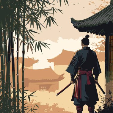 Bir Samuray Siluet Vektörü, cesur ve minimalist bir şekilde katı şekiller ve temiz kenarlar kullanan bir samurayın ikonik figürünü resmeder.