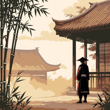 Bir Samuray Siluet Vektörü, cesur ve minimalist bir şekilde katı şekiller ve temiz kenarlar kullanan bir samurayın ikonik figürünü resmeder.