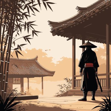 Bir Samuray Siluet Vektörü, cesur ve minimalist bir şekilde katı şekiller ve temiz kenarlar kullanan bir samurayın ikonik figürünü resmeder.