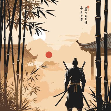 Bir Samuray Siluet Vektörü, cesur ve minimalist bir şekilde katı şekiller ve temiz kenarlar kullanan bir samurayın ikonik figürünü resmeder.