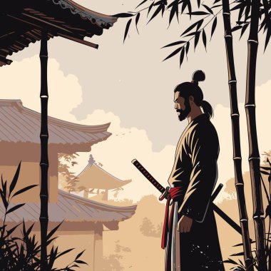 Bir Samuray Siluet Vektörü, cesur ve minimalist bir şekilde katı şekiller ve temiz kenarlar kullanan bir samurayın ikonik figürünü resmeder.