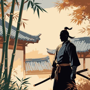 Bir Samuray Siluet Vektörü, cesur ve minimalist bir şekilde katı şekiller ve temiz kenarlar kullanan bir samurayın ikonik figürünü resmeder.