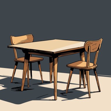 Pürüzsüz çizgiler ve dengeli orantılarla basit, iyi tanımlanmış şekiller içeren temiz ve modern bir tablo ve sandalye vektör çizimi